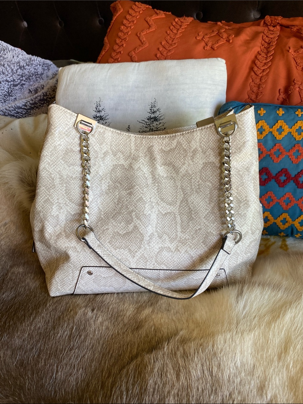 International Concepts Cream Snake Print Chain-Handle Tote Bag